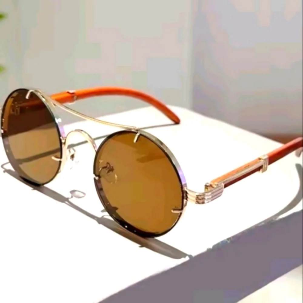 Ladies Round Gold and Brown Sunglasses